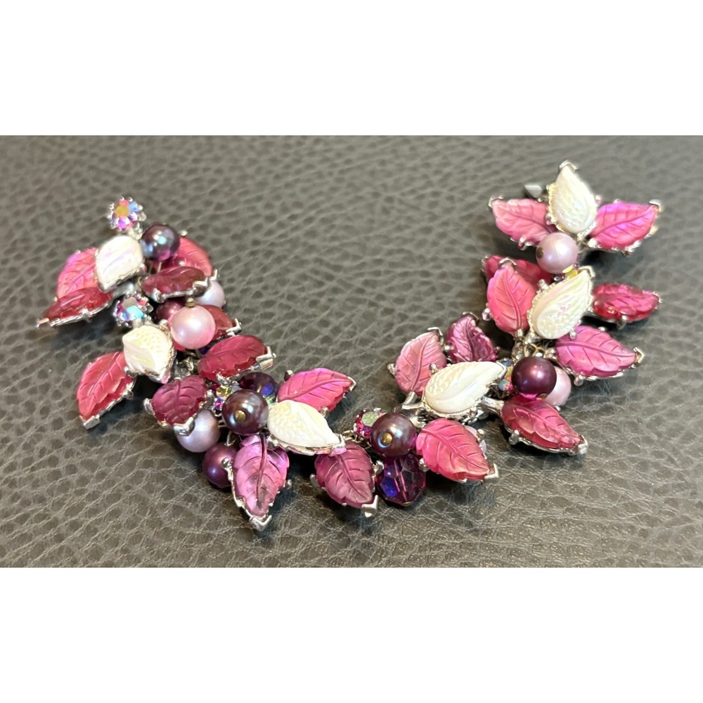 Vintage DeMario NY Pink Molded Leaf Crystal Beads Pearl Rhinestone Bracelet READ